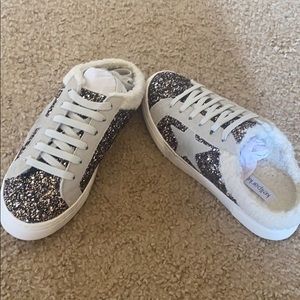 Faux shearling sneaker glitter mules!